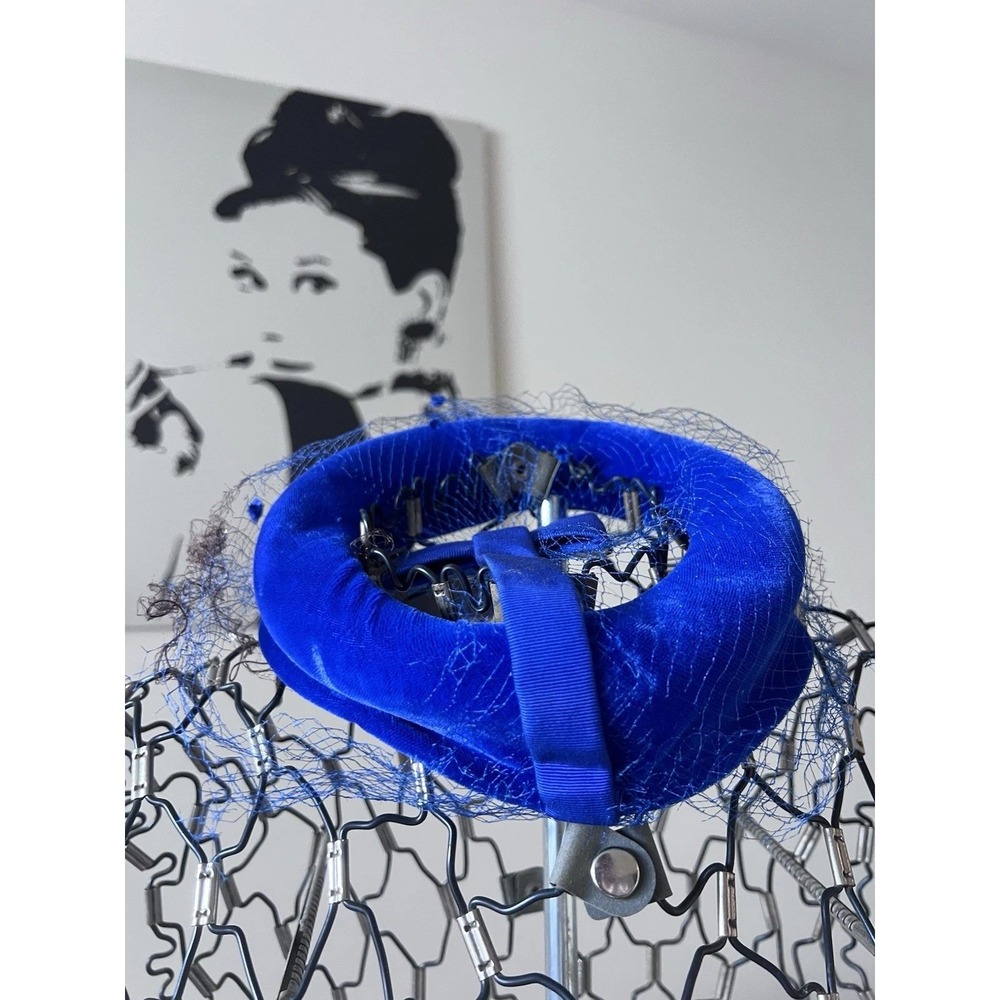 Vintage Cobalt Blue‎ Velvet Pillbox Halo Hat with Veil and Bow Mid Century